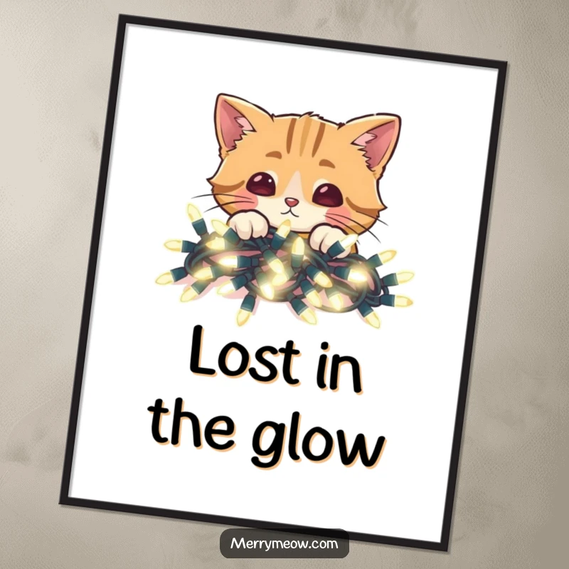 Funny holiday poster featuring a cat peeking over a stack of glowing Christmas lights, creating a festive display.