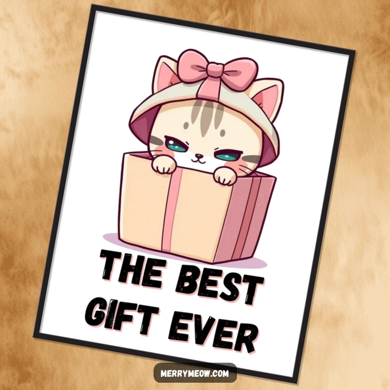 Funny poster of a mischievous cat peeking from a brightly wrapped gift box, evoking a sense of playful discovery and humor.