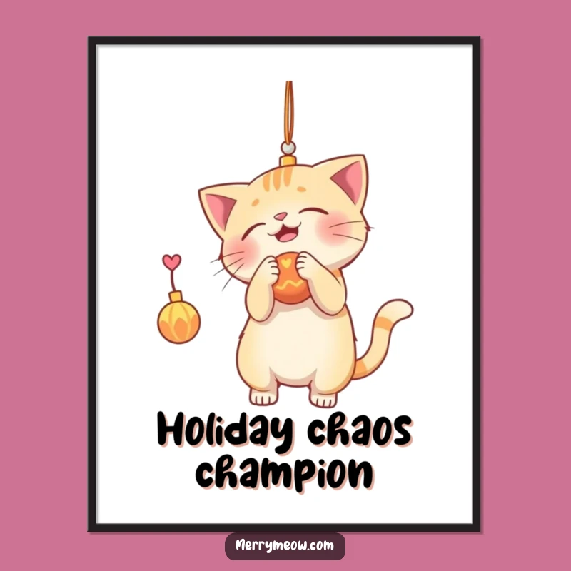 Funny Cat Ornament Batting Poster: Playful Feline Art for Holiday Decor Gift