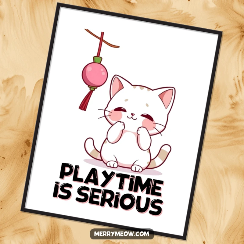 Funny poster showcasing a cat character in the act of playfully batting at a dangling Christmas ornament, full of festive mischief.