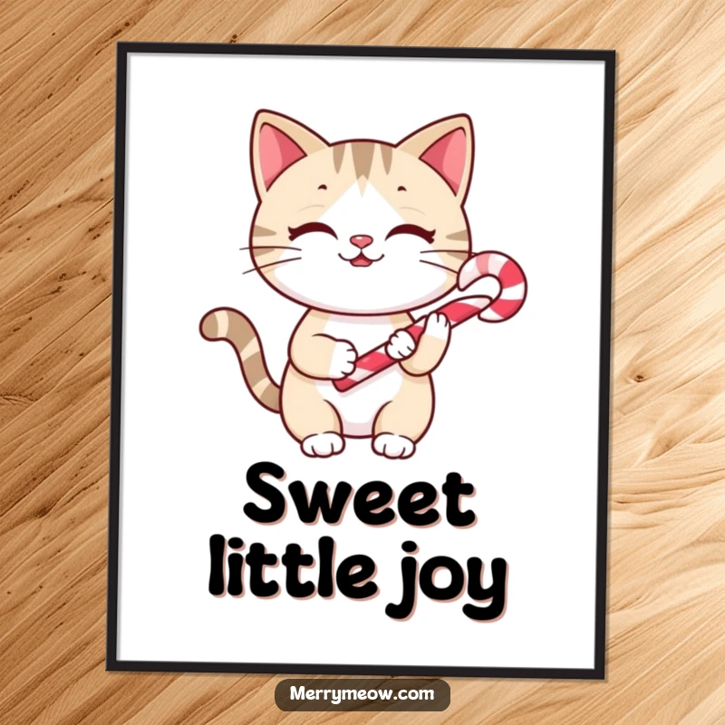 Funny Poster: A cheerful cat holding a small candy cane, capturing holiday sweetness and feline joy.