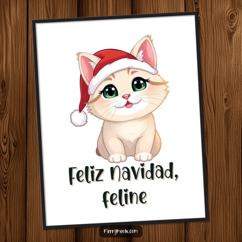 Funny Christmas cat wearing a Santa hat, presented as vibrant wall art for a festive and cheerful home.