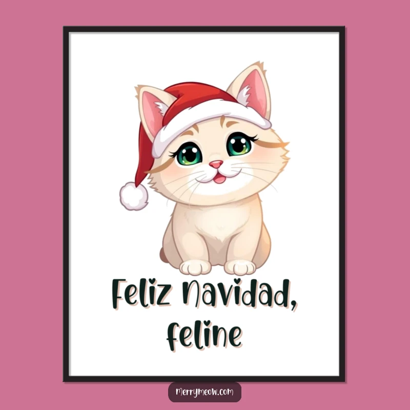 Funny Christmas Cat Art Poster: Santa Hat Feline Wall Decor Gift