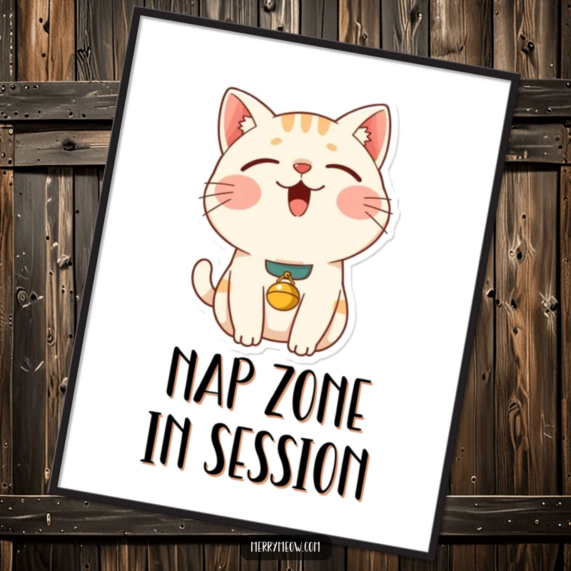 Funny content cat poster featuring a loud purring cat with closed eyes and a bell collar, bringing a sense of cozy humor to any wall.