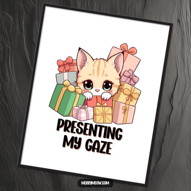 Funny poster of a curious cat peeking from holiday presents, festive and artistic.