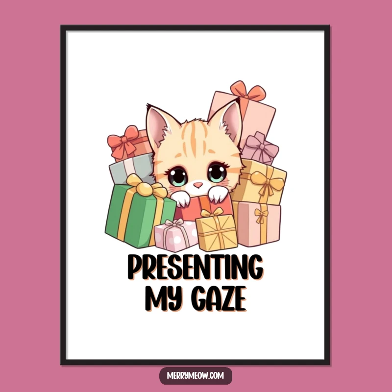 Funny Curious Cat Present Poster - Hilarious Holiday Wall Art Gift