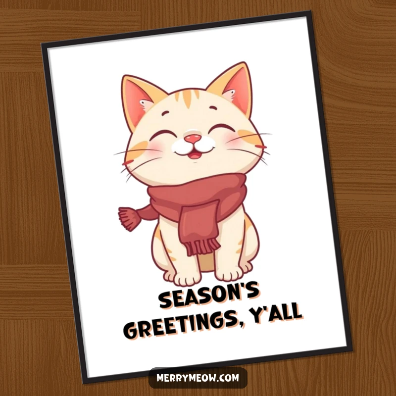 Funny poster art of a giggling cat character wearing a festive scarf, bringing playful holiday cheer to any room.