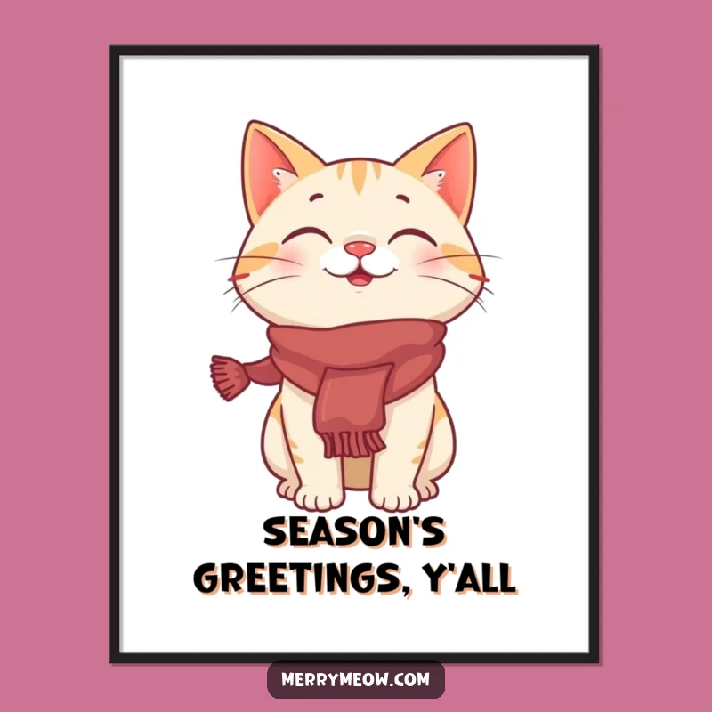 Funny Giggling Cat Festive Scarf Poster, Whimsical Holiday Wall Art Gift