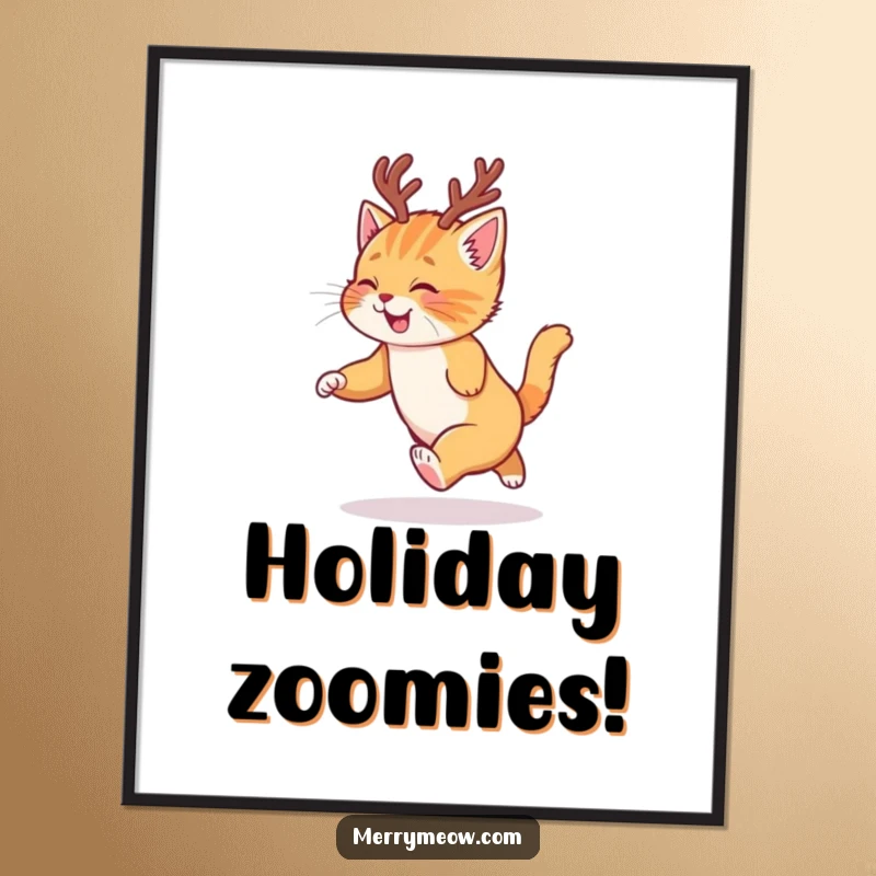 Funny poster featuring a ginger kitten in tiny reindeer antlers, hilariously chasing its own tail with holiday spirit.