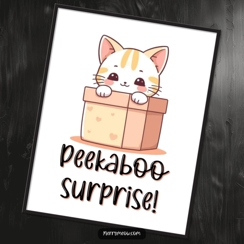 Funny Poster: A happy cat’s face emerges from a gift box, symbolizing unexpected joy and cute surprises.