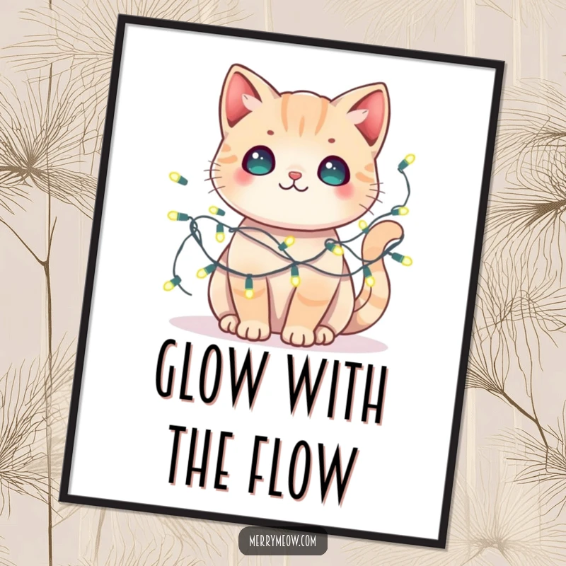 Funny kawaii cat poster showing a cat tangled playfully in fairy lights, a cute and festive wall decoration.