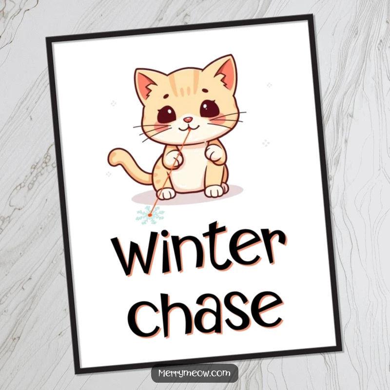 Funny kawaii cat playfully chasing a laser pointer dot on a snowflake, creating dynamic and humorous wall art.