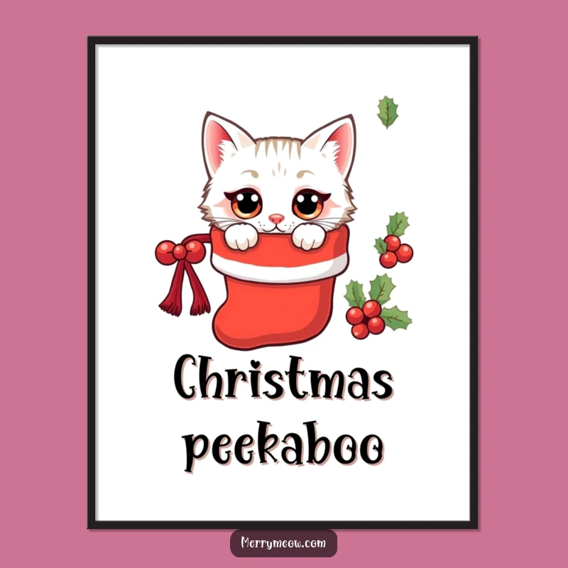 Funny Kawaii Stocking Cat Poster: Holiday Surprise Wall Art Gift