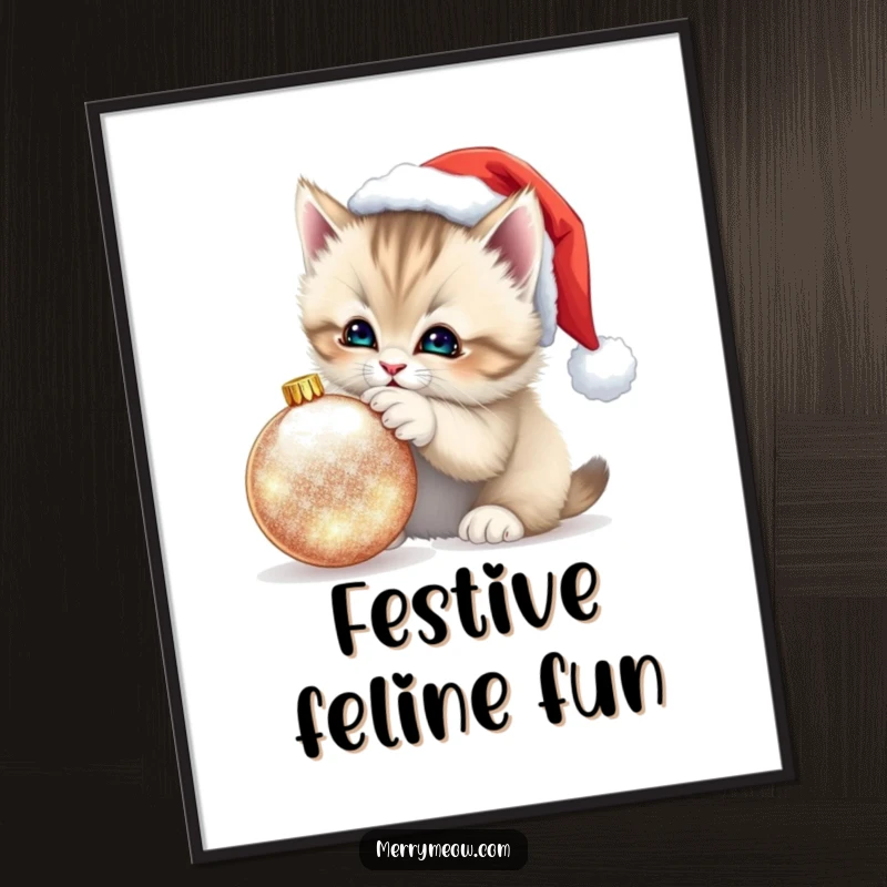 Funny Kitten Santa Hat Poster: Festive wall art of a fluffy kitten in a Santa hat playfully batting at a shimmering ornament, holiday cheer.