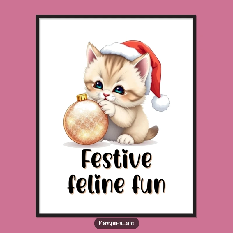 Funny Kitten Santa Hat Poster: Playful Holiday Art, a Festive Funny Gift!