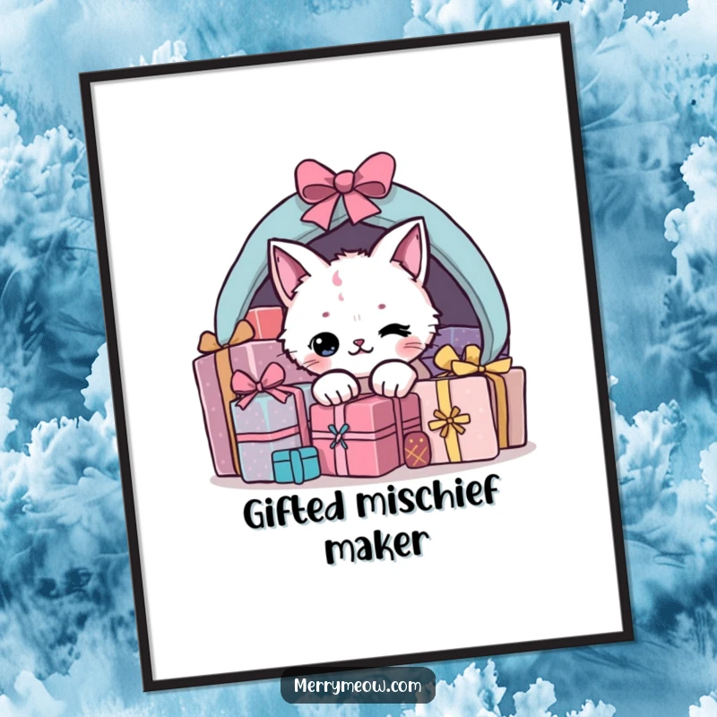 Funny present cat poster illustrating a curious cat peeking from under a festive pile of wrapped presents, full of holiday anticipation.