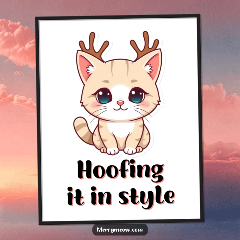 Funny poster showcasing a delightful cat character sporting cute, miniature reindeer antlers, exuding holiday charm and playful spirit.
