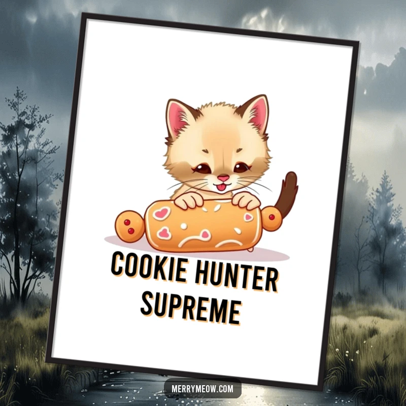 Funny poster print of an excited Siamese kitten joyfully interacting with a rolling gingerbread cookie, embodying holiday playtime.