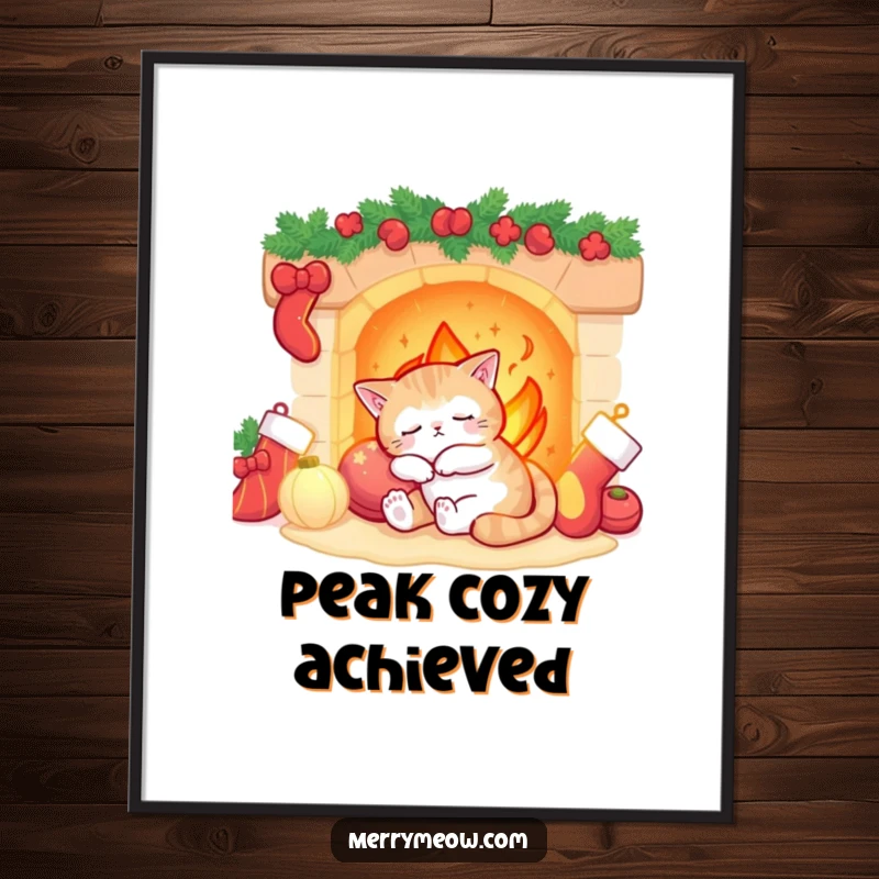 Funny sleepy cat character dozing by a warm fireplace with festive stockings, presented as a cozy wall art poster.