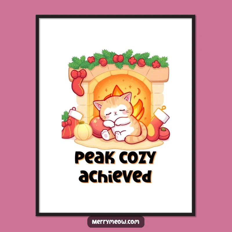 Funny Sleepy Cat Fireplace Poster: Cozy Holiday Wall Art!