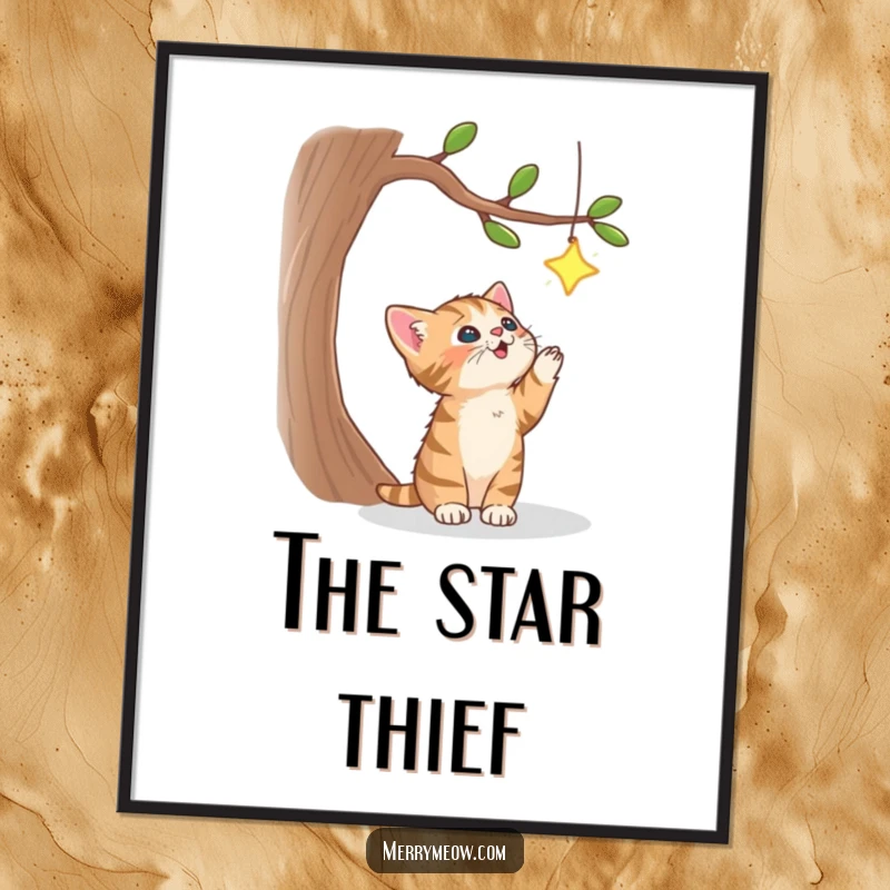 Funny poster print of a cute tabby kitten jumping towards a glowing star hanging on a whimsical tree, capturing a moment of pure aspiration.