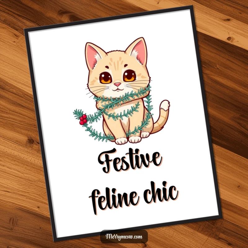 Funny poster of a cat character comically tangled in festive tinsel, perfect for adding humorous holiday wall art.