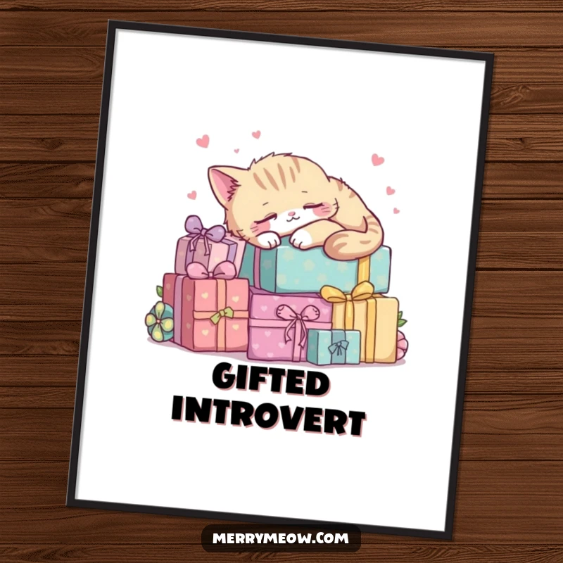 Funny kawaii cat napping soundly on a colorful stack of gift boxes, charming wall art.