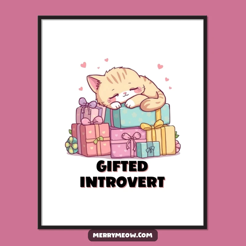 Funny Kawaii Cat Napping Poster: Peaceful Present Pile Art Gift