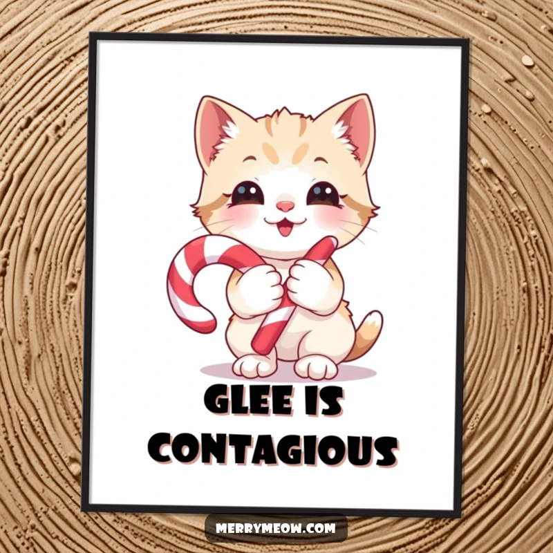 Funny Poster: A delightful illustration of a kitten with a candy cane, full of glee and holiday spirit, a funny gift.