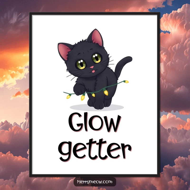 Funny poster of a black kitten with wide, curious eyes pouncing on a string of bright, twinkling lights.