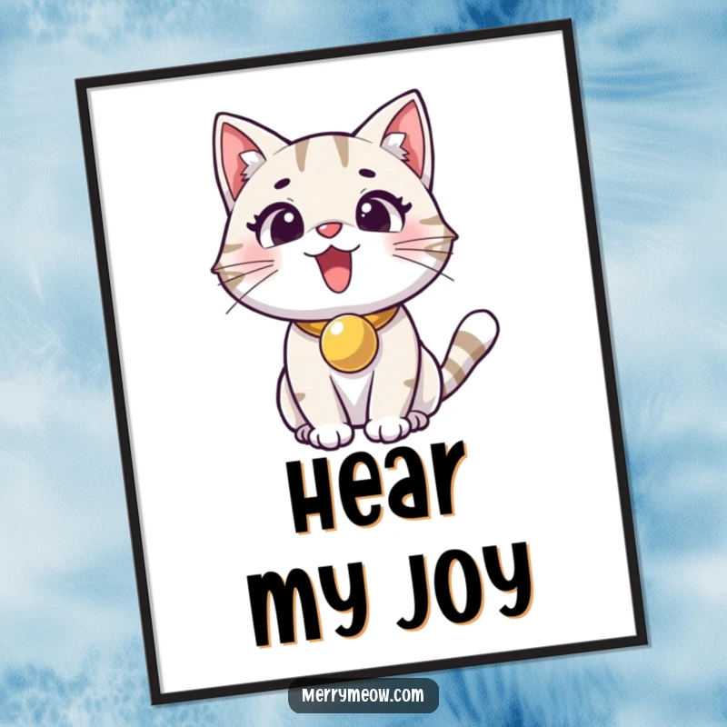 Funny poster print of an excited cat with a jingle bell collar, radiating pure, playful feline happiness.
