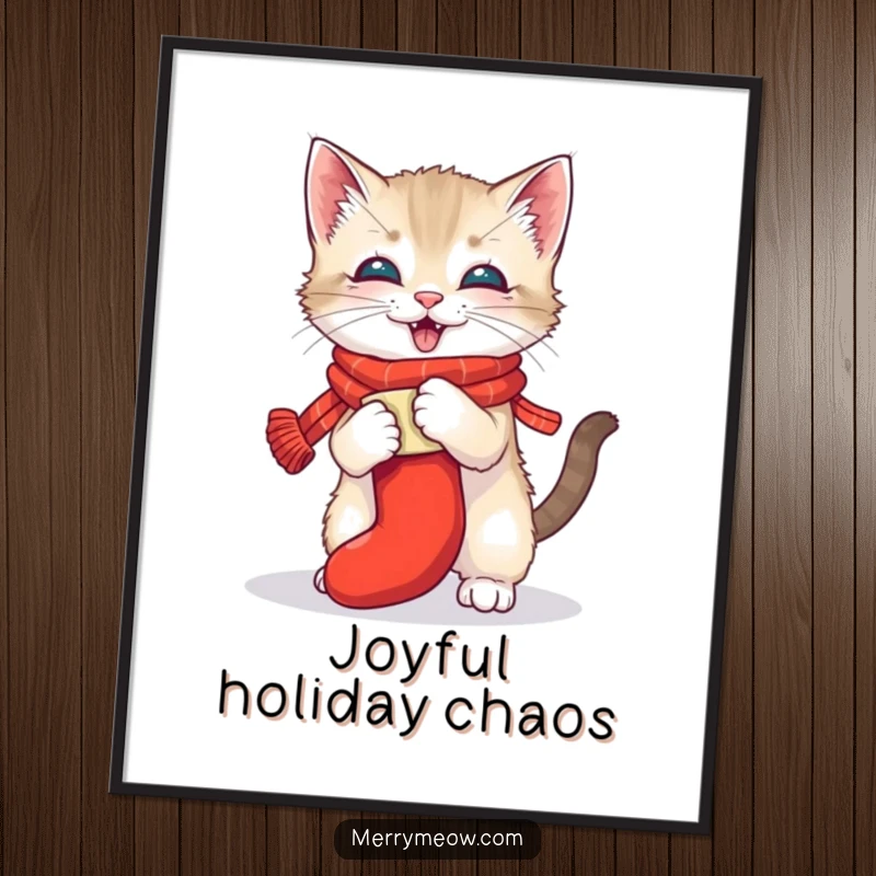 Funny poster of a playful kitten wearing a scarf wrestling a Christmas stocking, capturing holiday mischief and festive fun, a perfect gift.