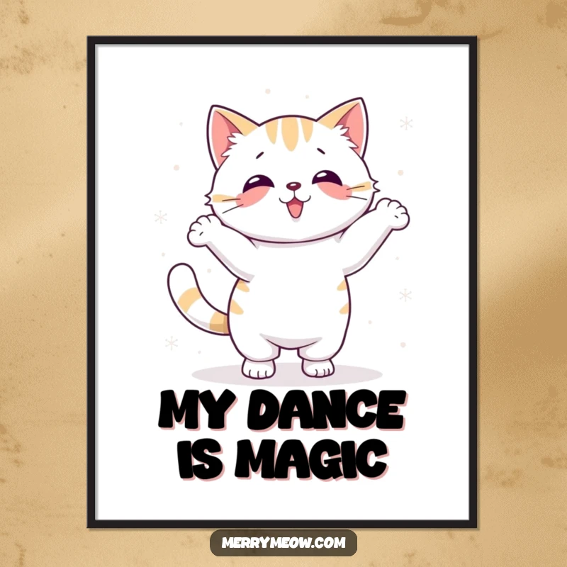 Funny Kawaii Cat Poster featuring a cute cat performing a silly dance surrounded by falling snowflakes, perfect for winter decor.