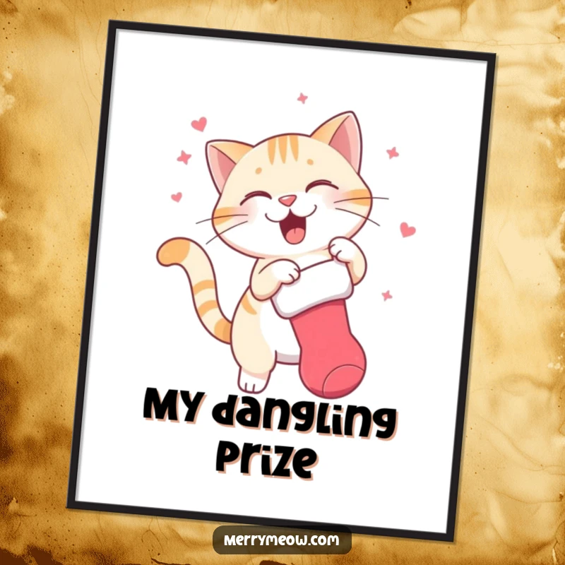 Funny poster showing a cat character in dynamic motion, joyfully swatting at a Christmas stocking, conveying playful holiday excitement.