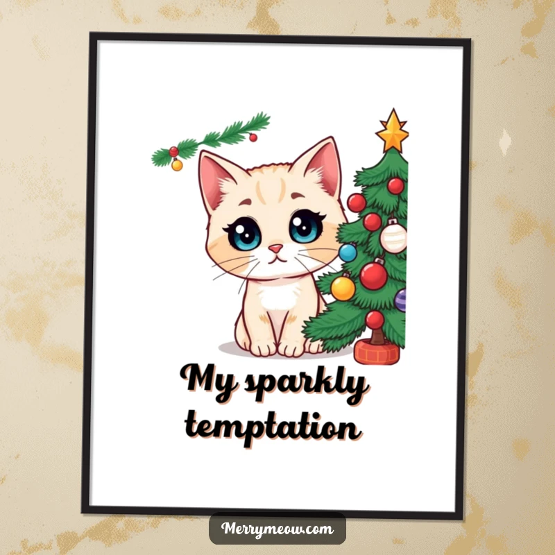 Funny poster displaying a cat character with incredibly large, astonished eyes fixated on a dazzling Christmas tree, embodying pure holiday fascination.