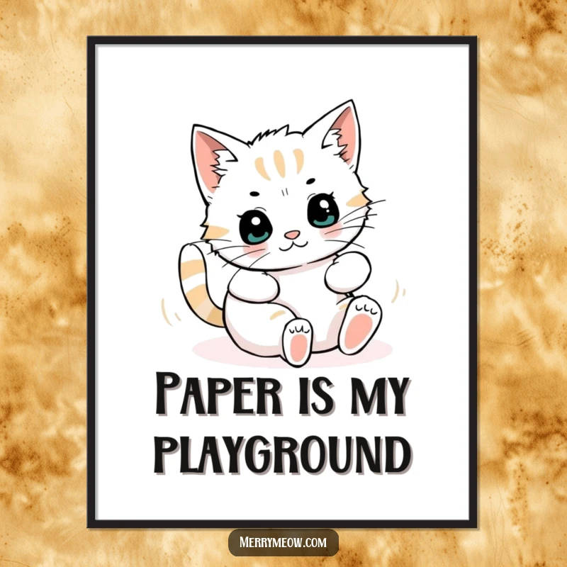 Funny poster showcasing a dynamic image of a cat character lost in ecstasy amidst a whirlwind of torn wrapping paper, a true artful mess.