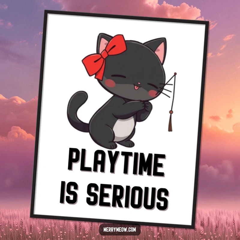 Funny Poster: A black cat wearing a red ribbon playfully bats at a dangling string, creating a hilarious and energetic scene.