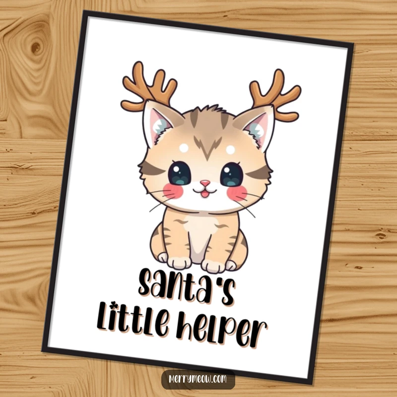 Funny Poster: A cat sporting reindeer antlers looks playfully at the viewer, creating a hilarious and festive holiday scene.