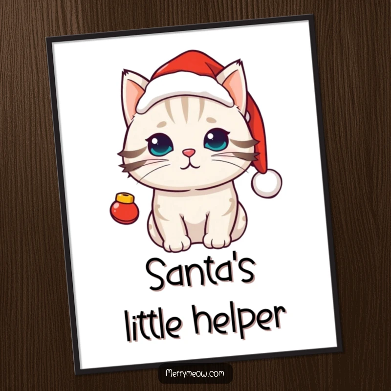 Funny kawaii cat in a Santa hat with jingle bells, creating a festive and amusing holiday poster.
