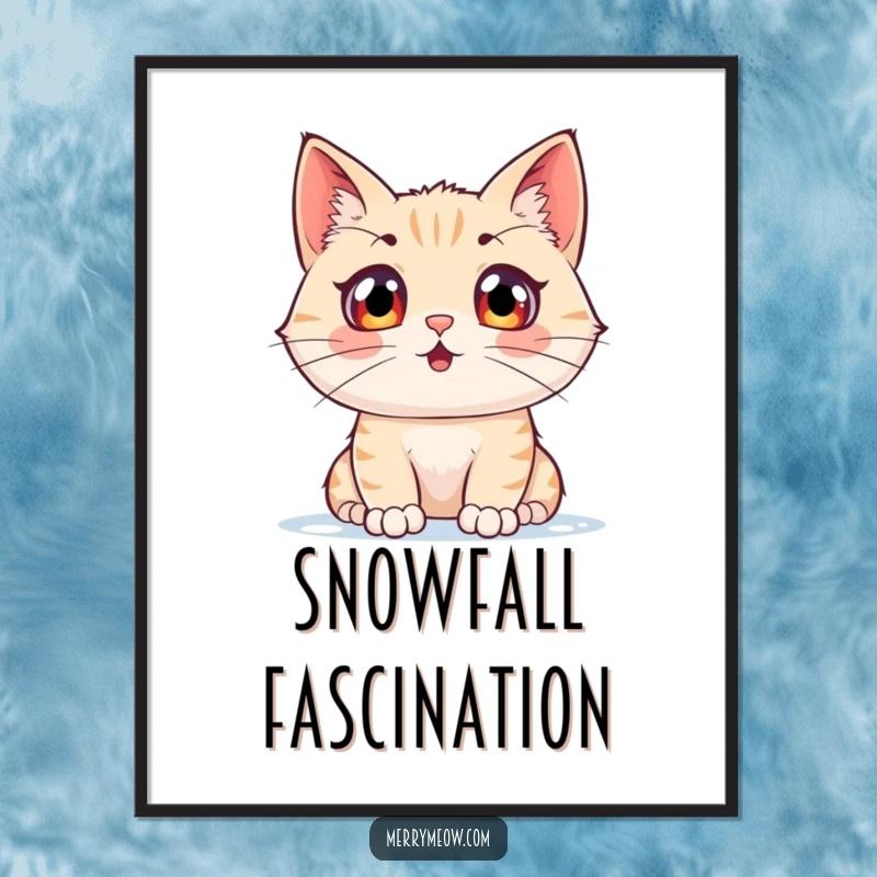 Funny poster of a cat character with wide, excited eyes watching snow fall, embodying pure winter fascination.