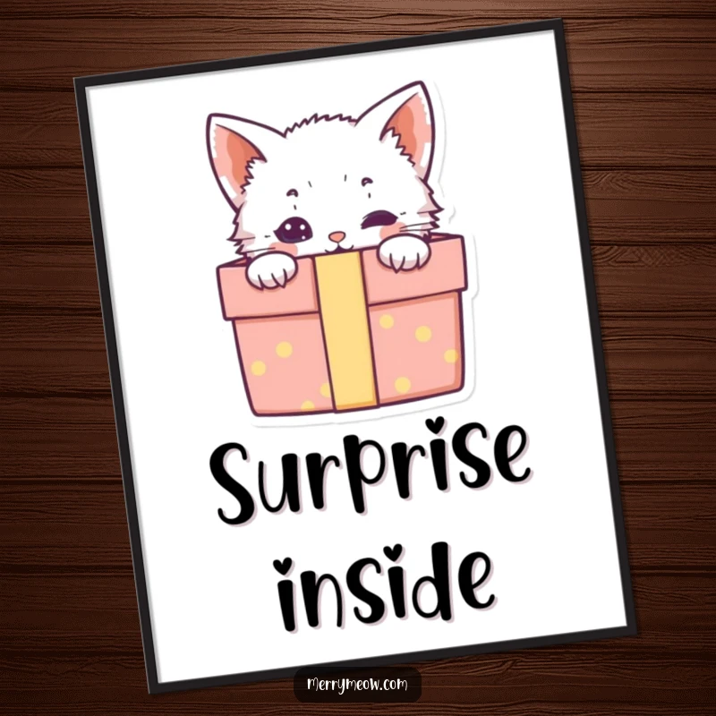 Funny poster print of a cute kitten peeking out from a gift box, bringing an element of adorable surprise.
