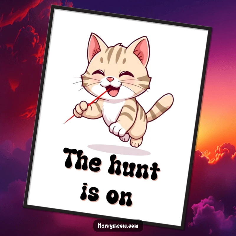 Funny tabby cat poster capturing the exhilarating moment of a cat joyfully chasing a red laser dot with comical intensity and focus.