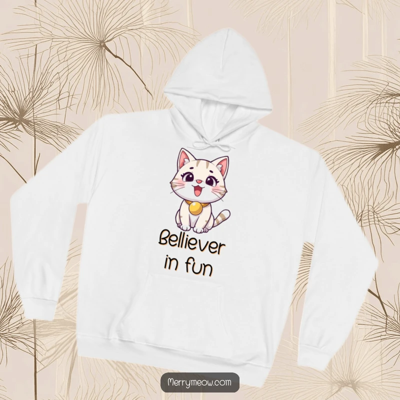 Funny hoodie showing an excited cat with a jingle bell collar, designed for ultimate comfort and playful charm.