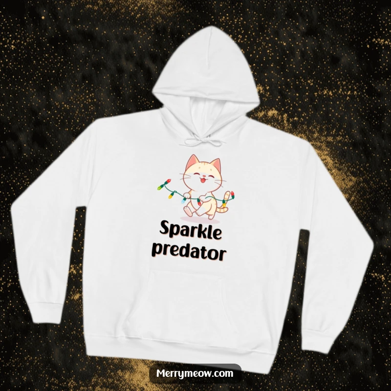 Funny cat tangled in Christmas lights on a cozy hoodie, perfect for festive, humorous warmth.