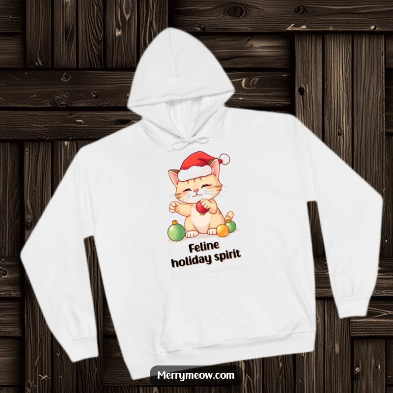 Funny festive cat hoodie depicting a happy cat wearing a Santa hat, engaging in playful antics with Christmas ornaments.