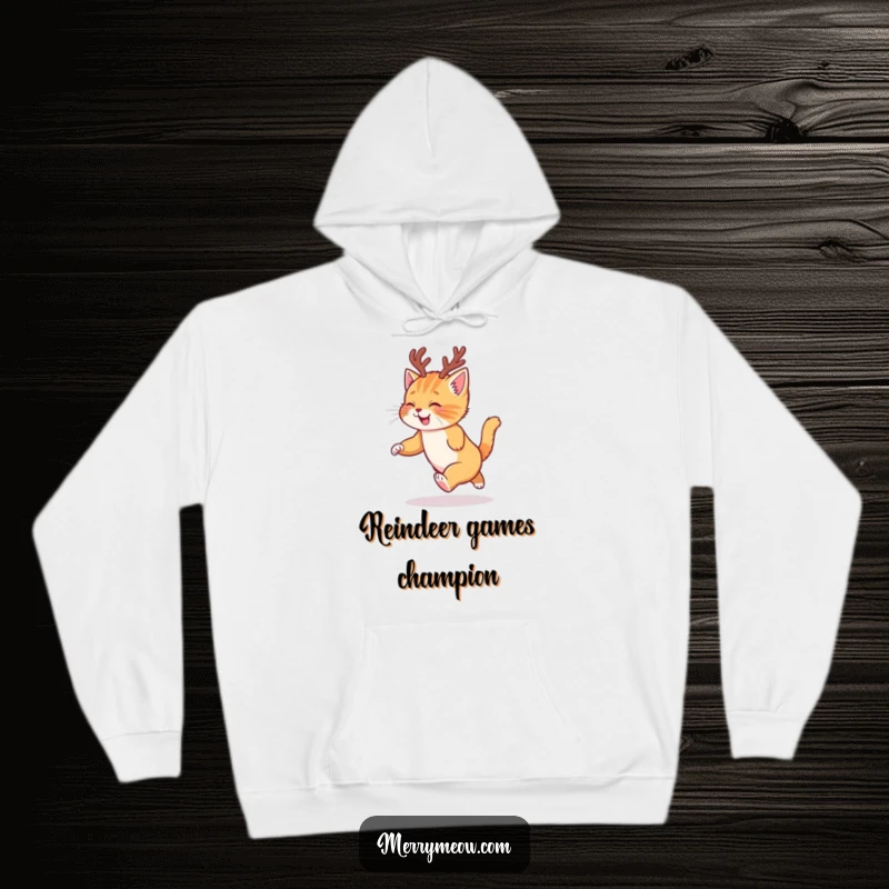 Funny hoodie with a ginger kitten sporting reindeer antlers, caught mid-chase in a playful holiday moment.