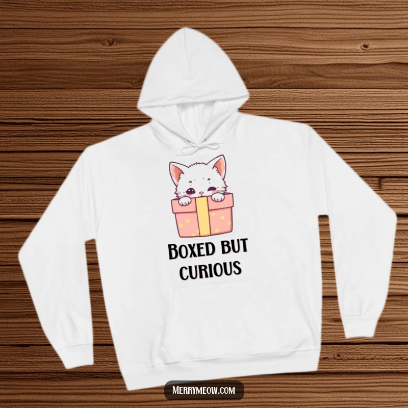 Funny hoodie featuring a delightful kitten peeking out from a gift box, offering warmth and adorable surprise.