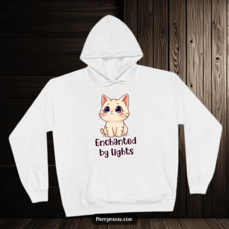 Funny hoodie graphic of a surprised cat character looking up in awe at dazzling, twinkling holiday lights, embodying festive magic.