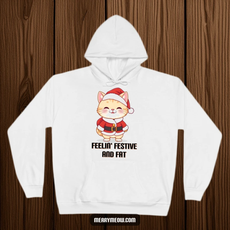 Funny Kawaii Santa Cat Hoodie showing a cute cat in a Santa suit, sporting a cheeky grin, ideal for cold weather.