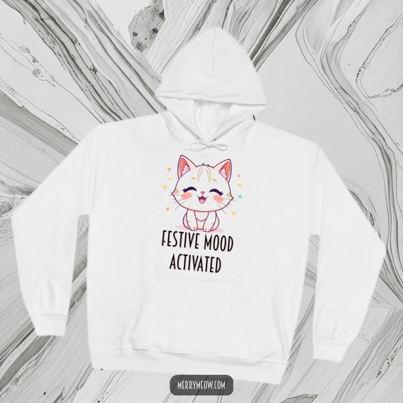 Funny cat character joyfully batting tinsel, captured on a soft and warm holiday hoodie.